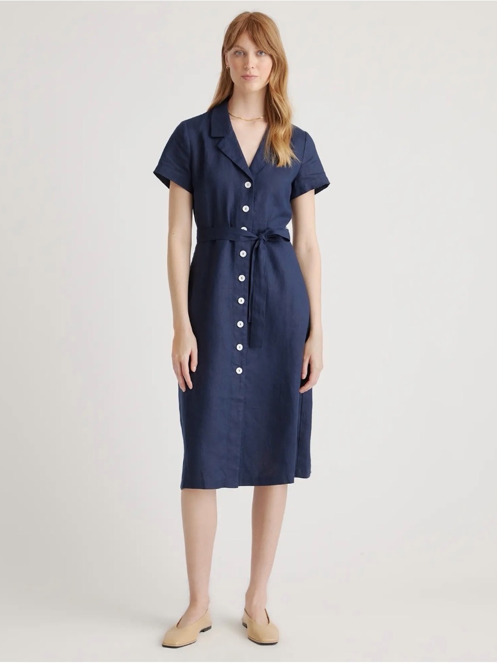 Quince 100% European Linen Button Front Midi Dress – Deep Navy – XS - Like New